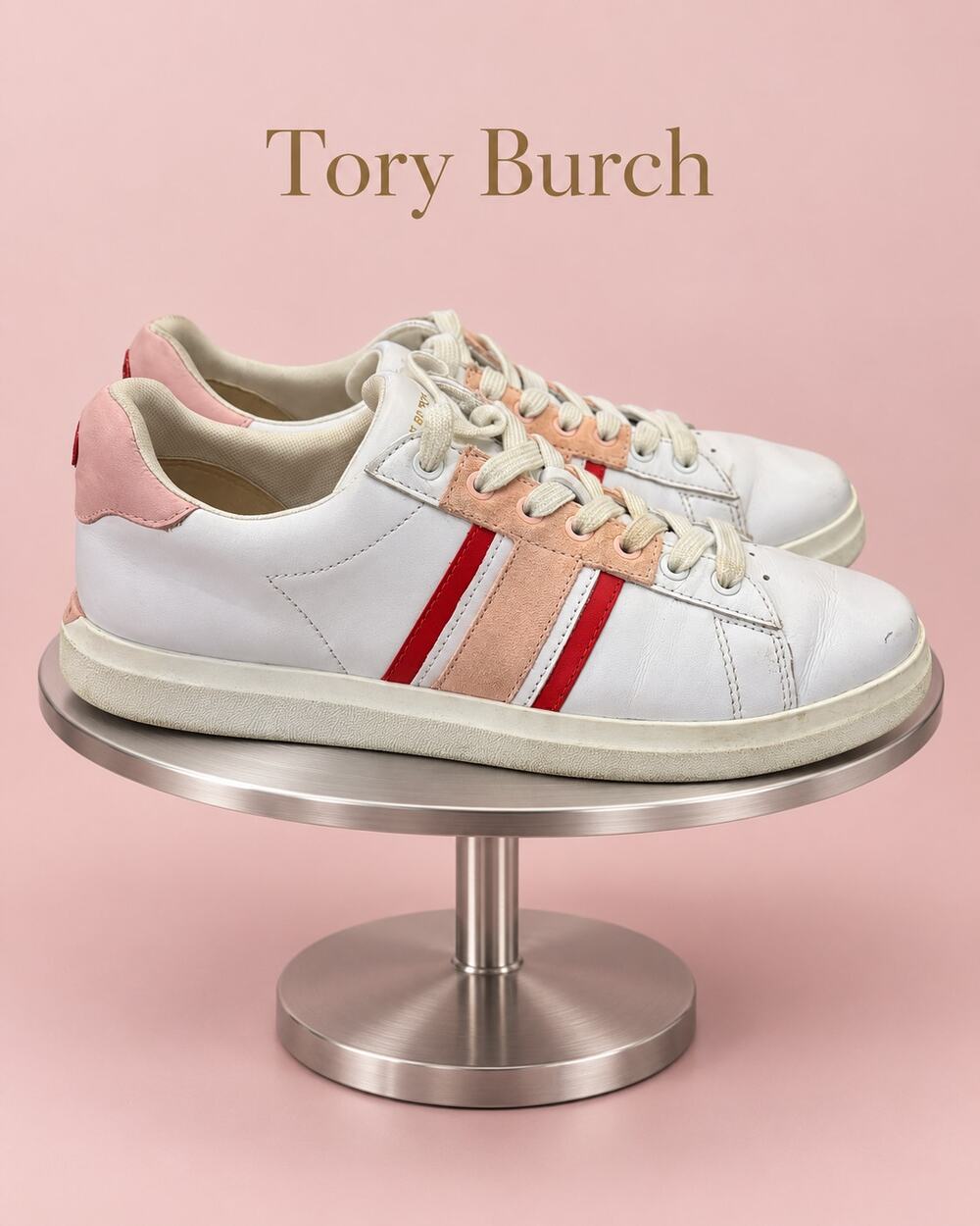 Tory Burch Howell T-Saddle Court White Pink Red Leather Sneakers 8M